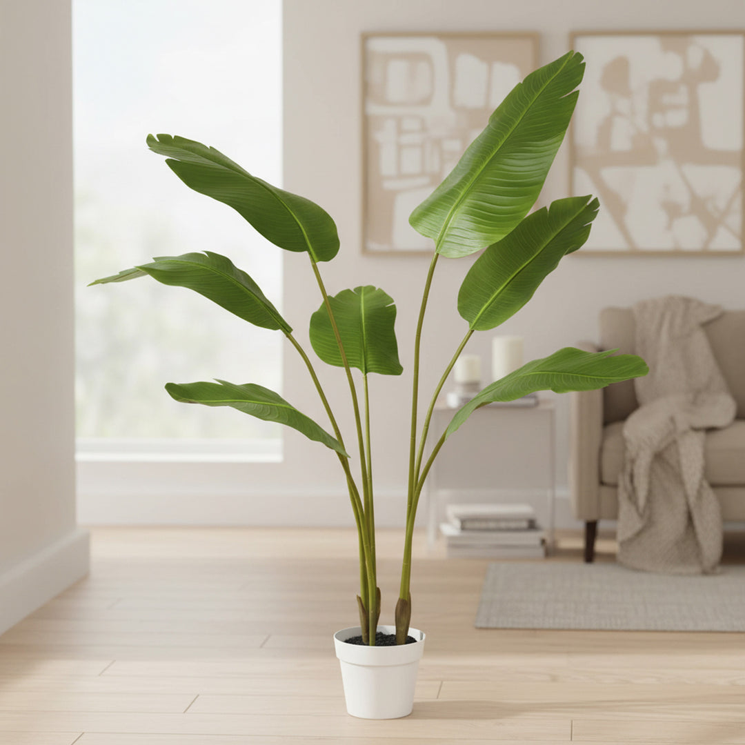 55 inch faux paradise palm in white decorative planter with lifelike fronds