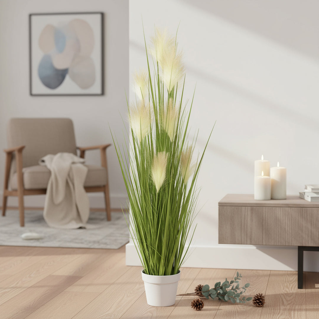 48 inch faux reed grass in white decorative planter with lifelike blades and plumes