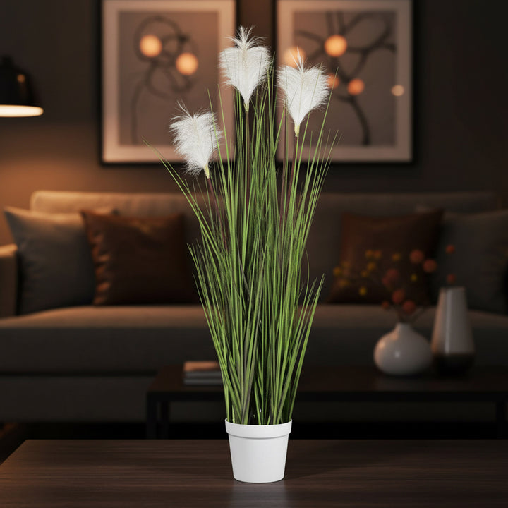 51 inch faux seagrass in white decorative planter with lifelike blades and plumes