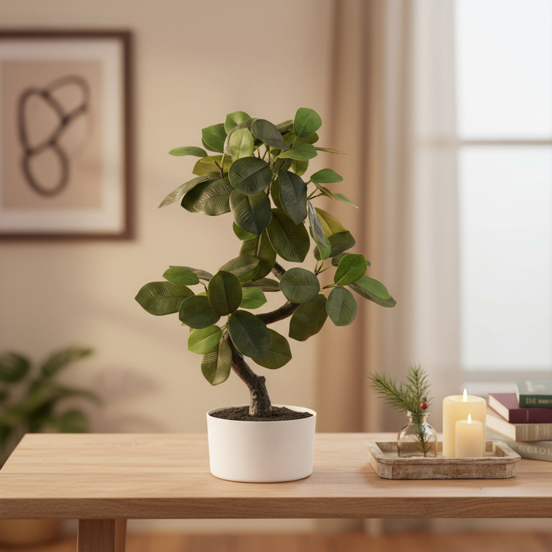 18 inch faux snake ficus in white decorative planter with lifelike leaves