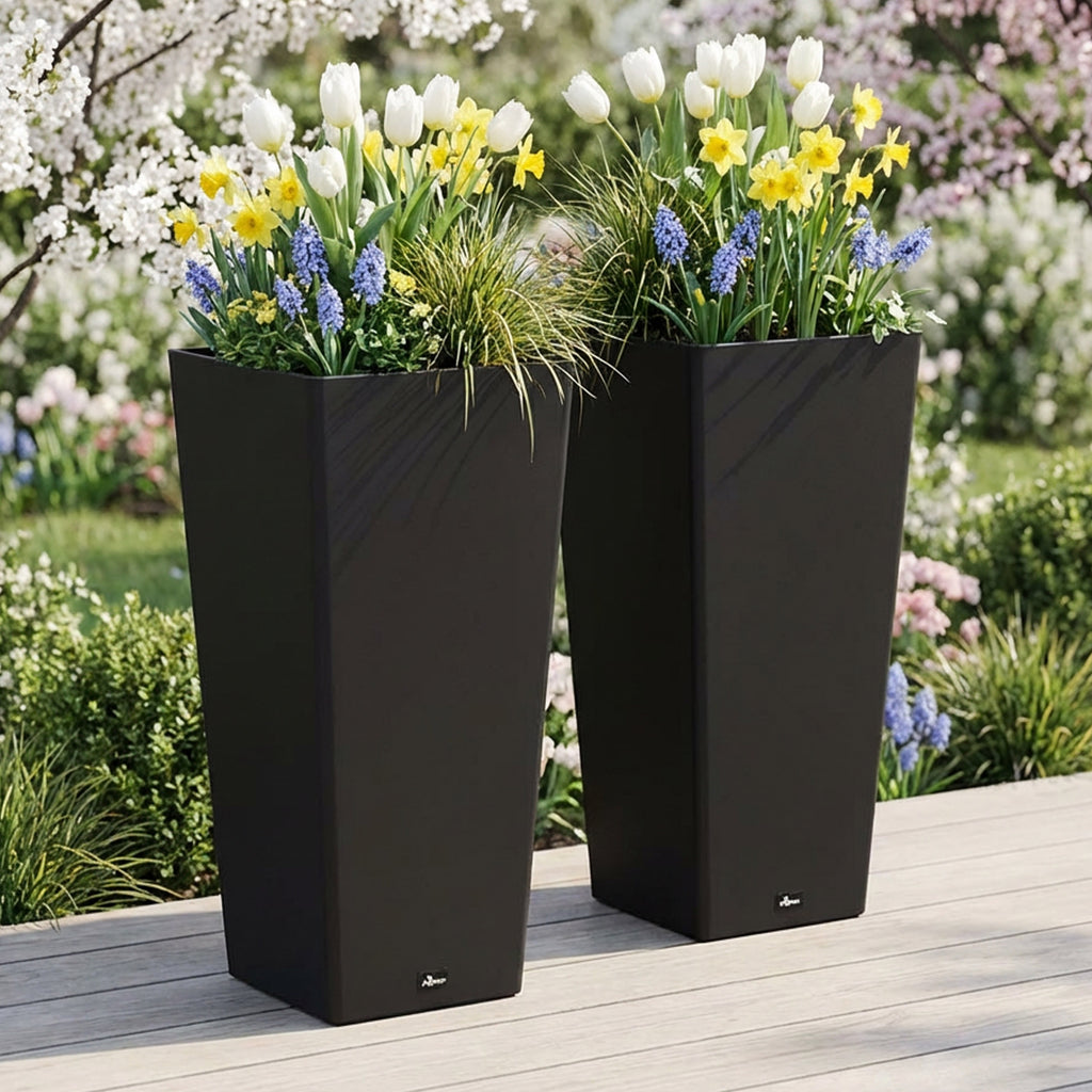 Aventis Tall Square Planter with Shelf Insert – Black, 2 Pack