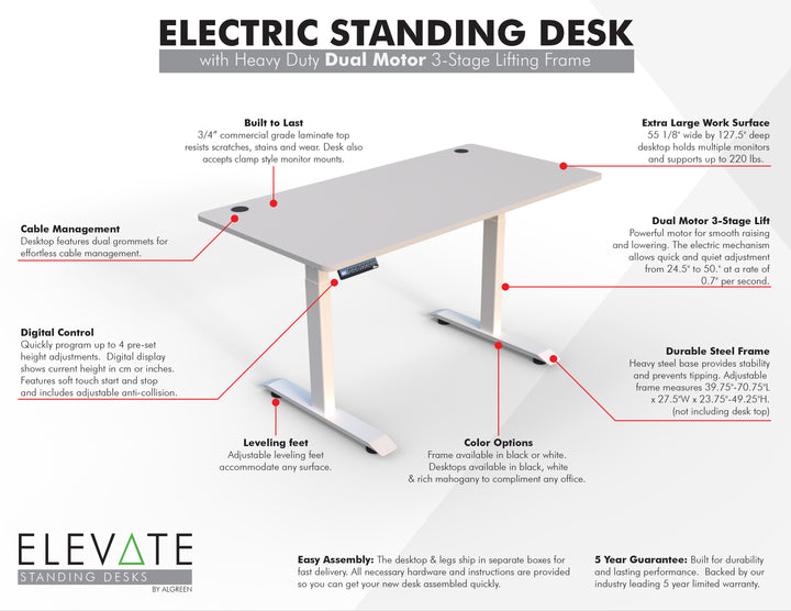 Elevate Electric Standing Desk 55" x 28" - Dual Motor Sit to Stand Desk - Push Button Memory Settings - Solid Top with Heavy Duty Adjustable Steel Legs - Work or Home Office Desk